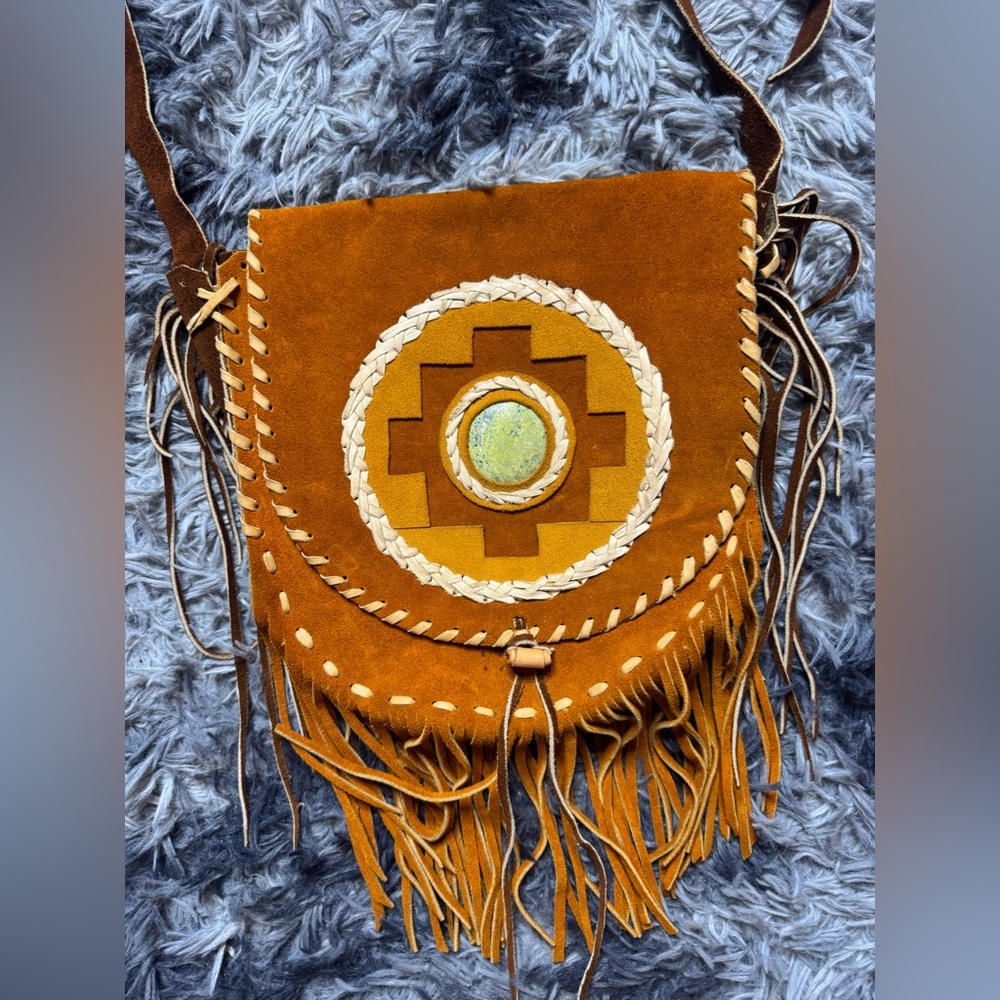Handmade leather chakana crossbody bag from Peru